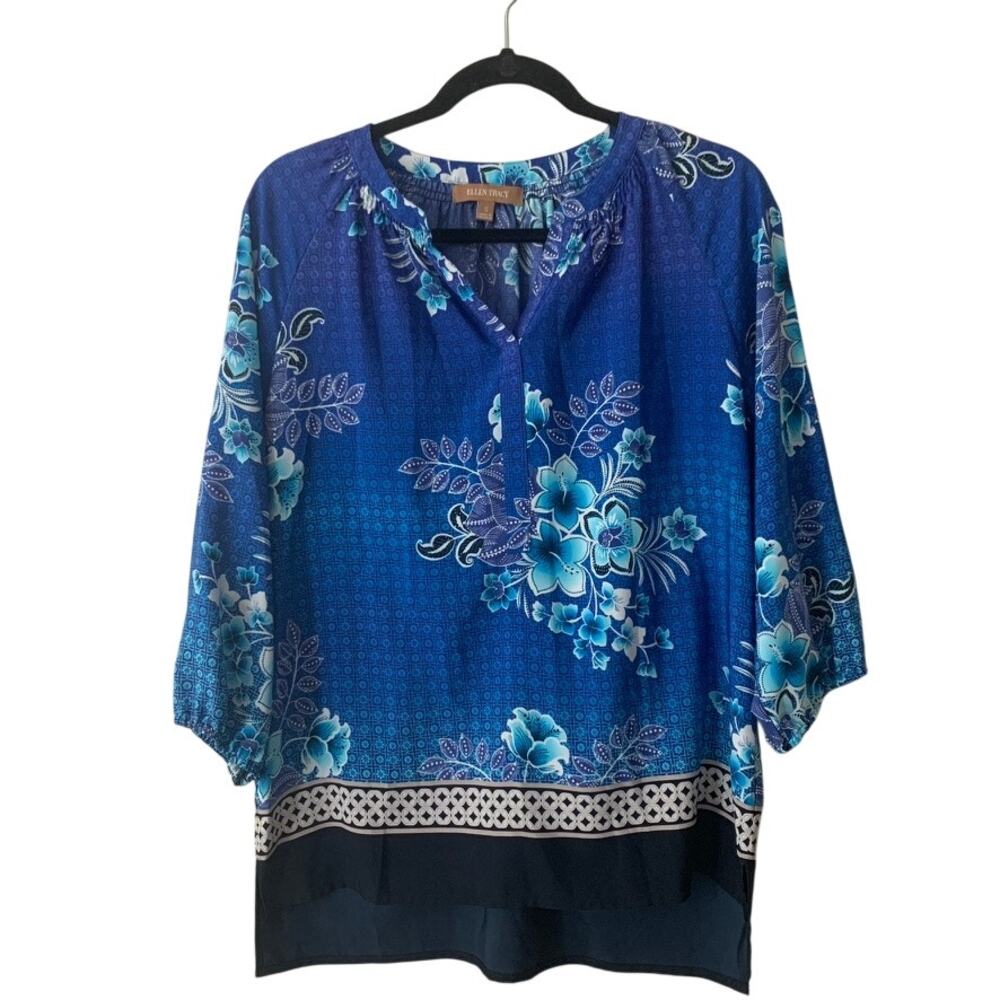 Ellen Tracy Blue Floral Split Neck Blouse Size Small